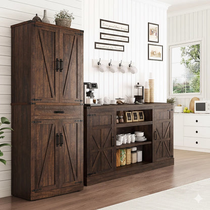 72" Tall Kitchen Pantry, Farmhouse Pantry Cabinet with 1 Drawer & 4 Layer Adjustable Shelves, Rustic Wood Storage Cupboard with Metal Load-Bearing Pipe for Kitchen Bathroom Living Room Hallway