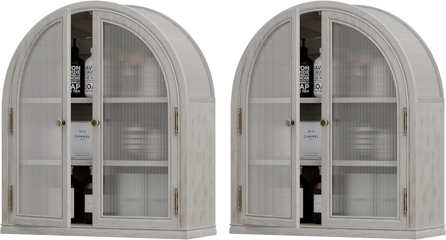 ANHDAH Arched Wall Cabinet Over Toilet, 2-Door Modern Medicine Storage with 2 Shelves. Space-Saving Mounted Organizer for Bathroom Towels & Cosmetics.
