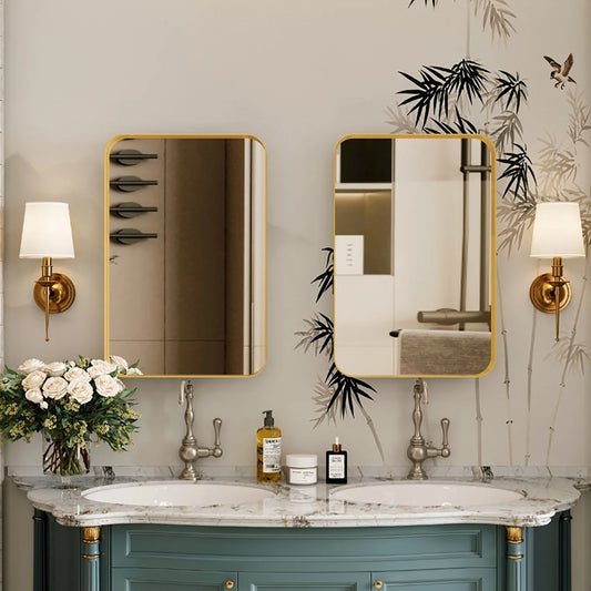 16x24 Inch Bathroom Mirror Cabinet with Adjustable Glass Shelves, Recessed Metal Framed Medicine Cabinet for Storage, Matte Gold