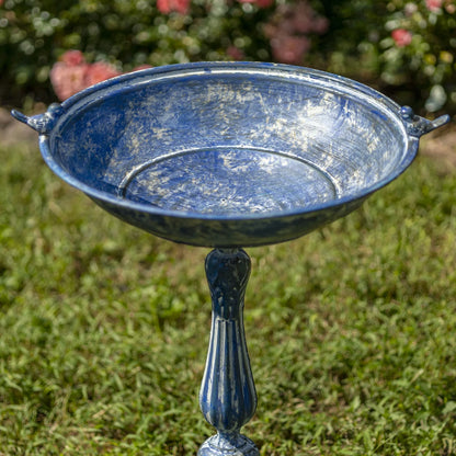 Zaer Ltd. Ornate Pedestal Style Birdbath with Cast Iron Birds on Rim (Blue)