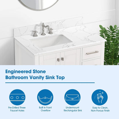 36x22 Engineered Stone Vanity Sink Top, White Bathroom Countertop with Undermount Left Sink, Vanity Top with 8 inch 3 Faucet Hole Spacing and Backsplash