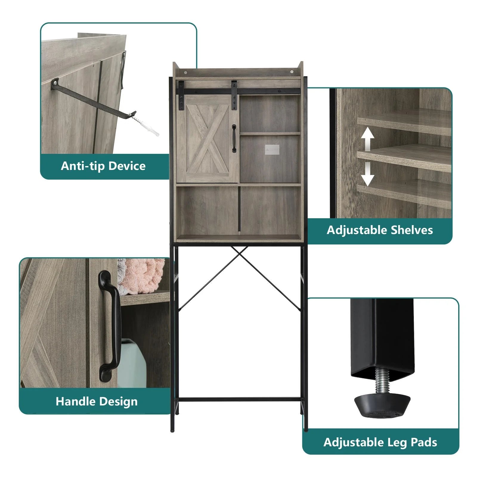 Zimtown Retro Style Over the Toilet Bathroom Storage Space Saver with Cabinet and Open Shelf, Retro Gray