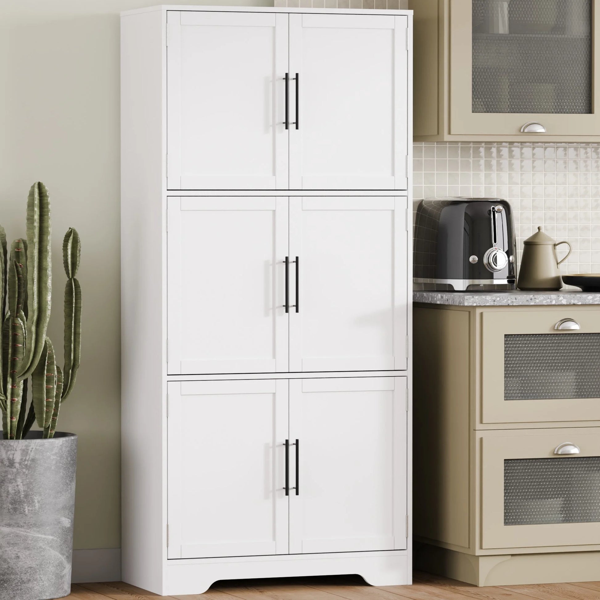 Cozy Castle 68.5" Kitchen Pantry Storage Cabinet with 6 Doors and 3 Shelves Tall Food Pantry Cabinet 4-Tier White Cabinet for Kitchen Living Room Dining Room Bathroom