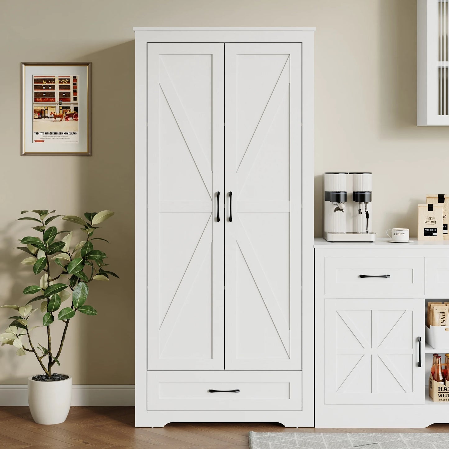 YouTrend 69" Tall Kitchen Pantry,Farmhouse Storage Cabinet with 2 Barn Doors 4 Adjustable Shelves and Large Drawer for Dining Room,Living Room,Bathroom,White