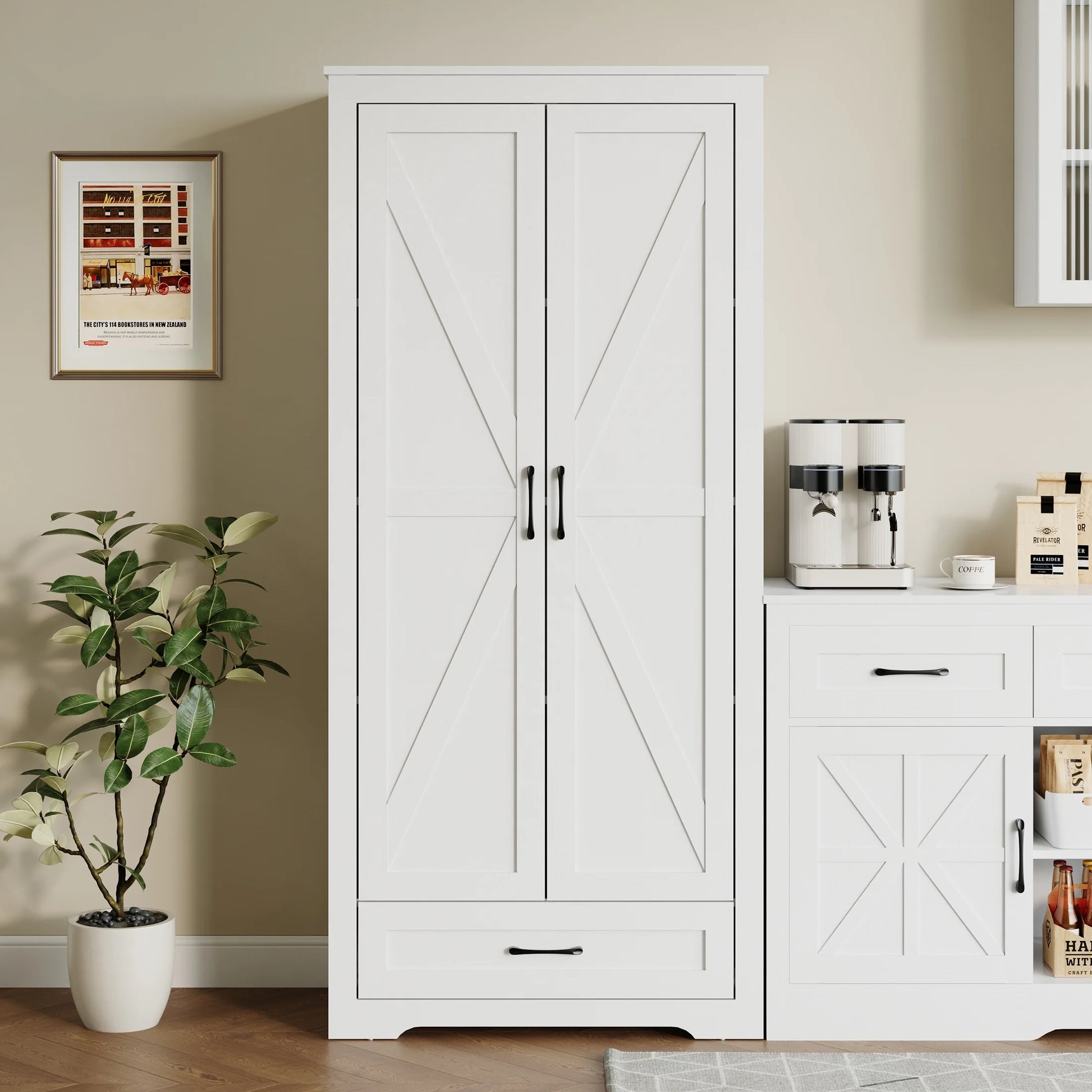 YouTrend 69" Tall Kitchen Pantry,Farmhouse Storage Cabinet with 2 Barn Doors 4 Adjustable Shelves and Large Drawer for Dining Room,Living Room,Bathroom,White