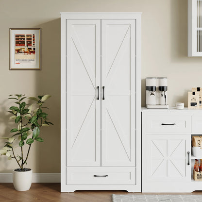YouTrend 69" Tall Kitchen Pantry,Farmhouse Storage Cabinet with 2 Barn Doors 4 Adjustable Shelves and Large Drawer for Dining Room,Living Room,Bathroom,White