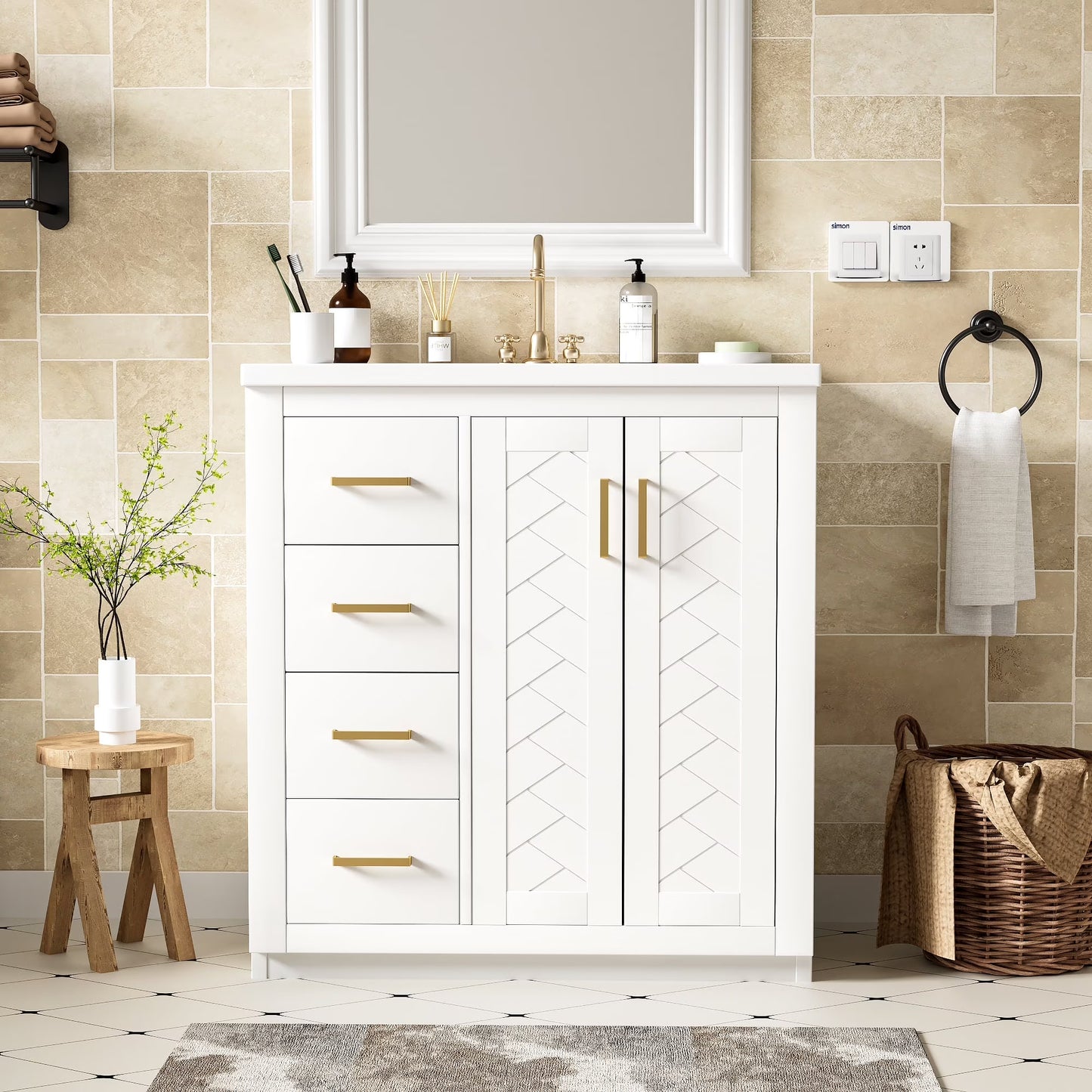 ENSHUI 30-Inch Bathroom Vanity with Ceramic Sink Combo, Solid Wood Frame, 4 Drawers, Soft Closing Doors, Green