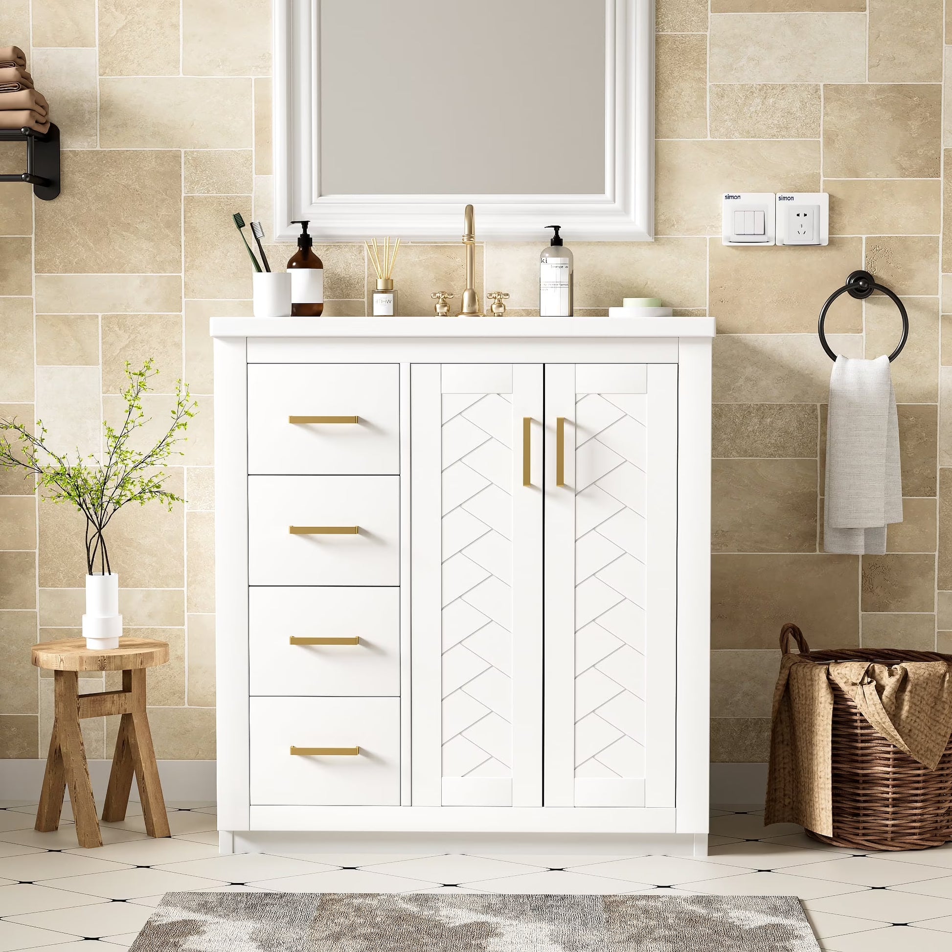 ENSHUI 30-Inch Bathroom Vanity with Ceramic Sink Combo, Solid Wood Frame, 4 Drawers, Soft Closing Doors, Green