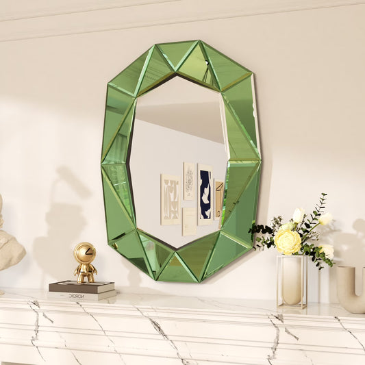 LUVODI Geometric Mirror Wall 28 x 39 inch Art Mirror Green 3D Glass Beveled for Bathroom Living Room