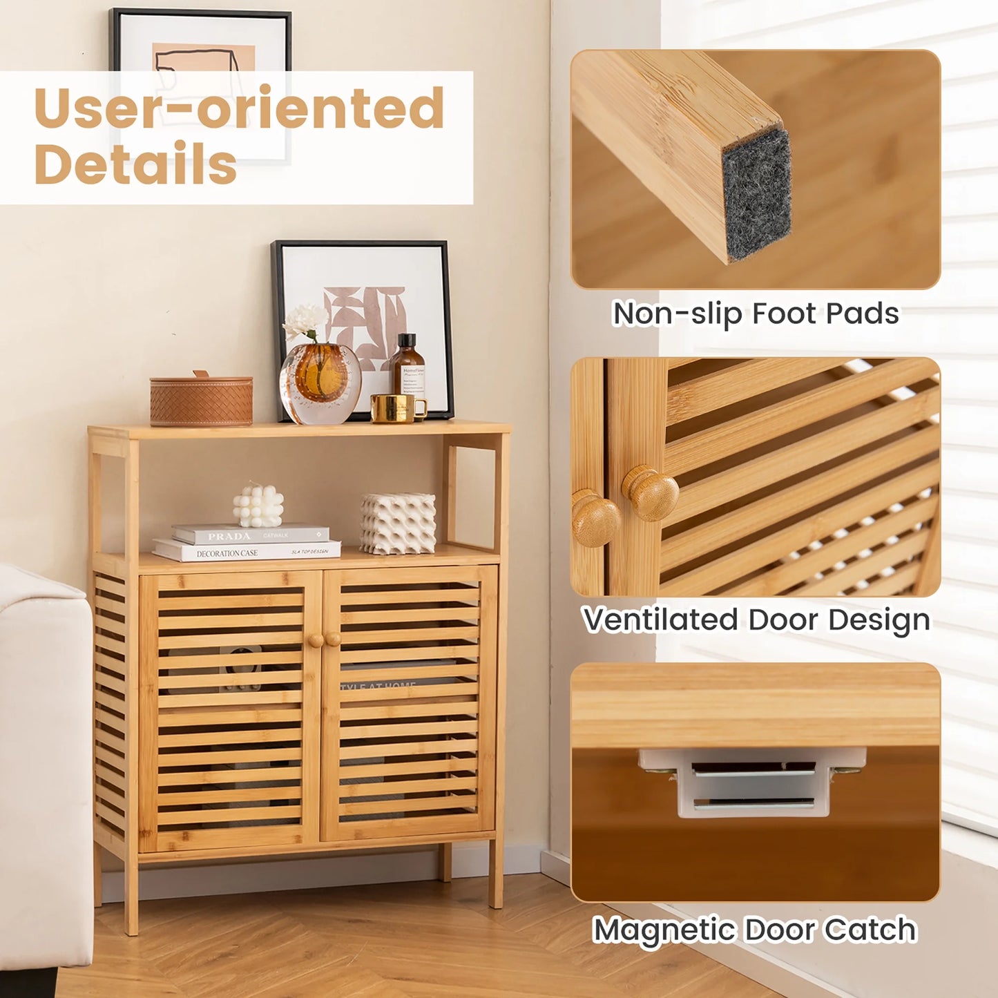 Gymax Bathroom Floor Cabinet Freestanding Bamboo Storage Organizer w/ Double Shutter Doors