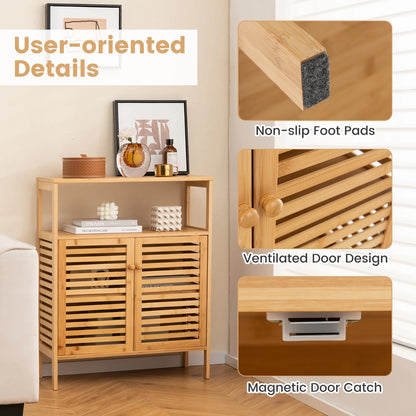 Gymax Bathroom Floor Cabinet Freestanding Bamboo Storage Organizer w/ Double Shutter Doors