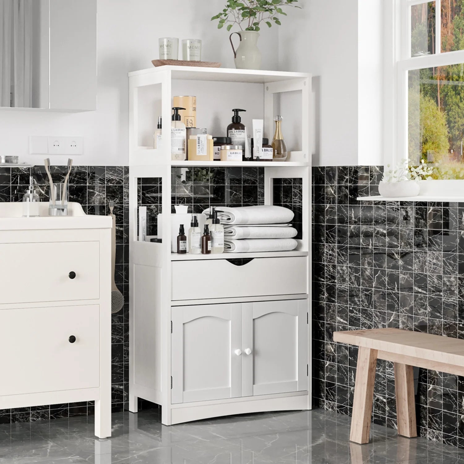 Sideboard Storage Cabinet with Drawer&Shelves, Kitchen Pantry Storage Cabinet with Microwave Space&Cupboard, Modern Freestanding Floor Bathroom Cabinet/Bookshelf for Home Office, White