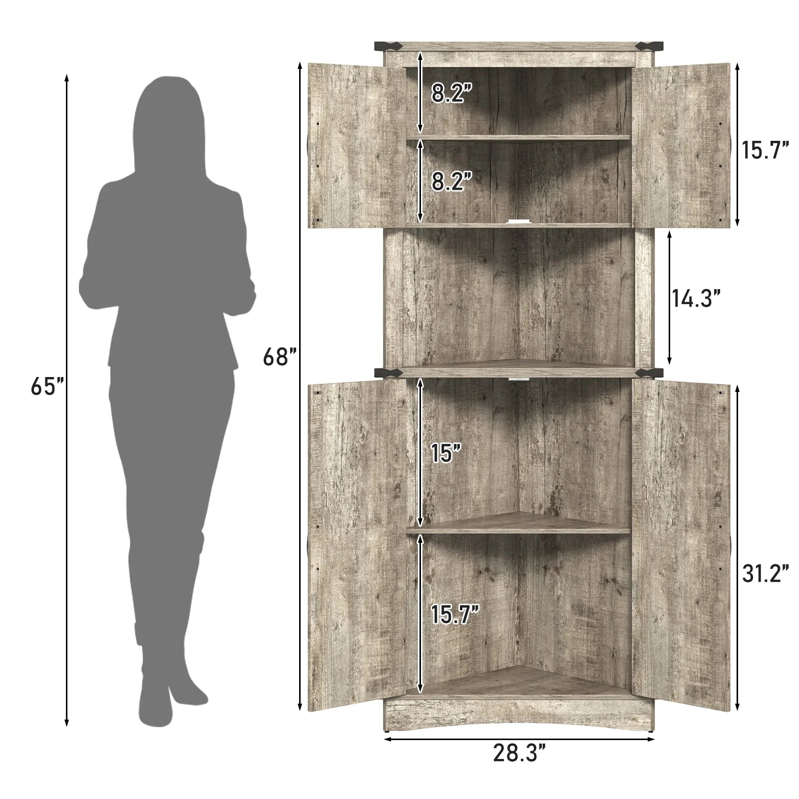 Blotout 68" Tall Farmhouse Corner Cabinet with 4 Doors, 28.3" W Barn Door Storage Cabinet with Adjustable Shelves, 5 Tier Corner Storage Cabinet for Bathroom,Living Room,Kitchen