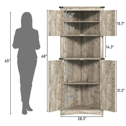 Blotout 68" Tall Farmhouse Corner Cabinet with 4 Doors, 28.3" W Barn Door Storage Cabinet with Adjustable Shelves, 5 Tier Corner Storage Cabinet for Bathroom,Living Room,Kitchen