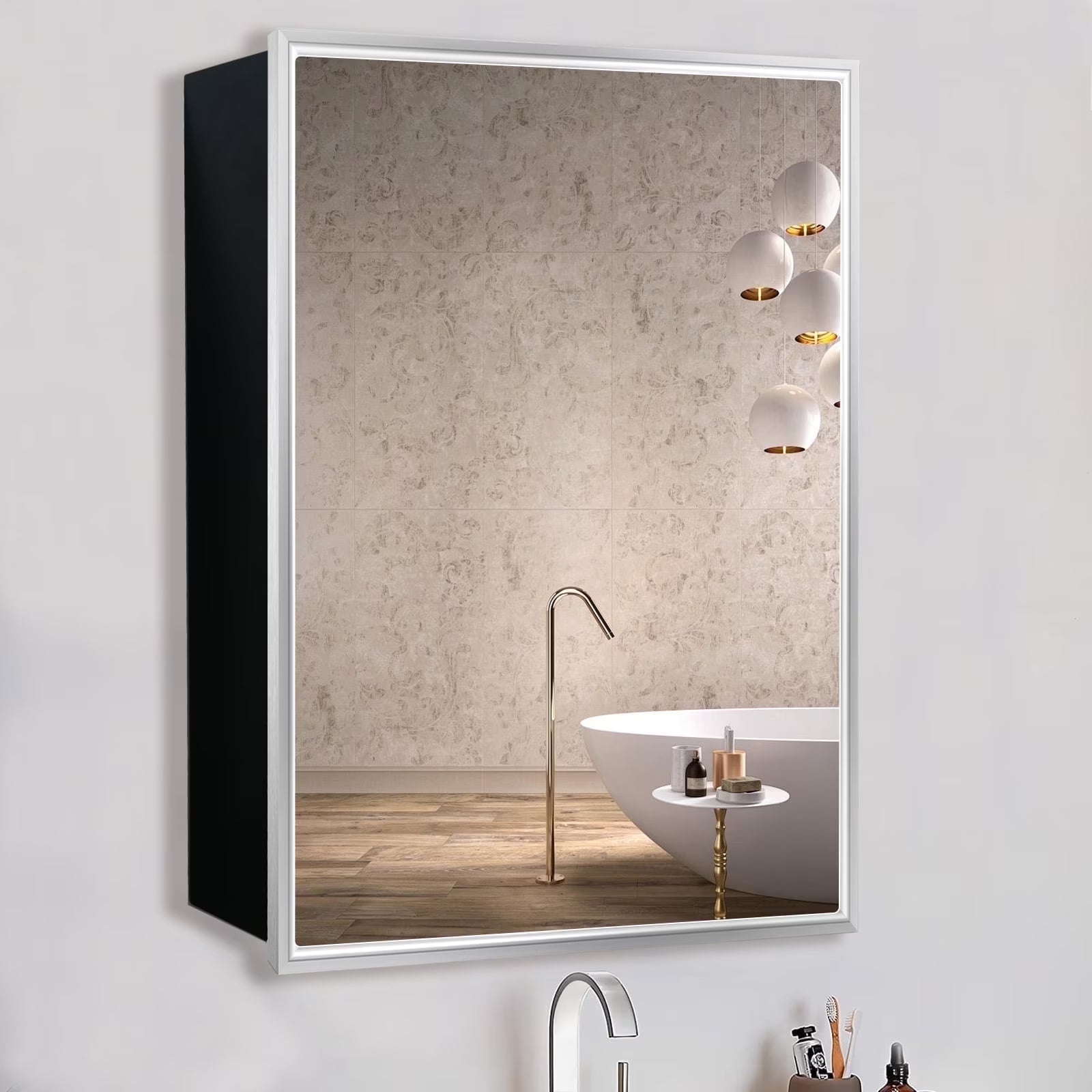 FUMANGO Bathroom Medicine Cabinet with Aluminum Framed Mirror,24"x30" Surface Mount or Recessed Mount Bathroom Vanity Mirror,Single Door Bathroom Mirror with Storage Cabinet
