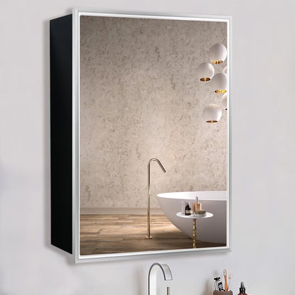FUMANGO Bathroom Medicine Cabinet with Aluminum Framed Mirror,24"x30" Surface Mount or Recessed Mount Bathroom Vanity Mirror,Single Door Bathroom Mirror with Storage Cabinet