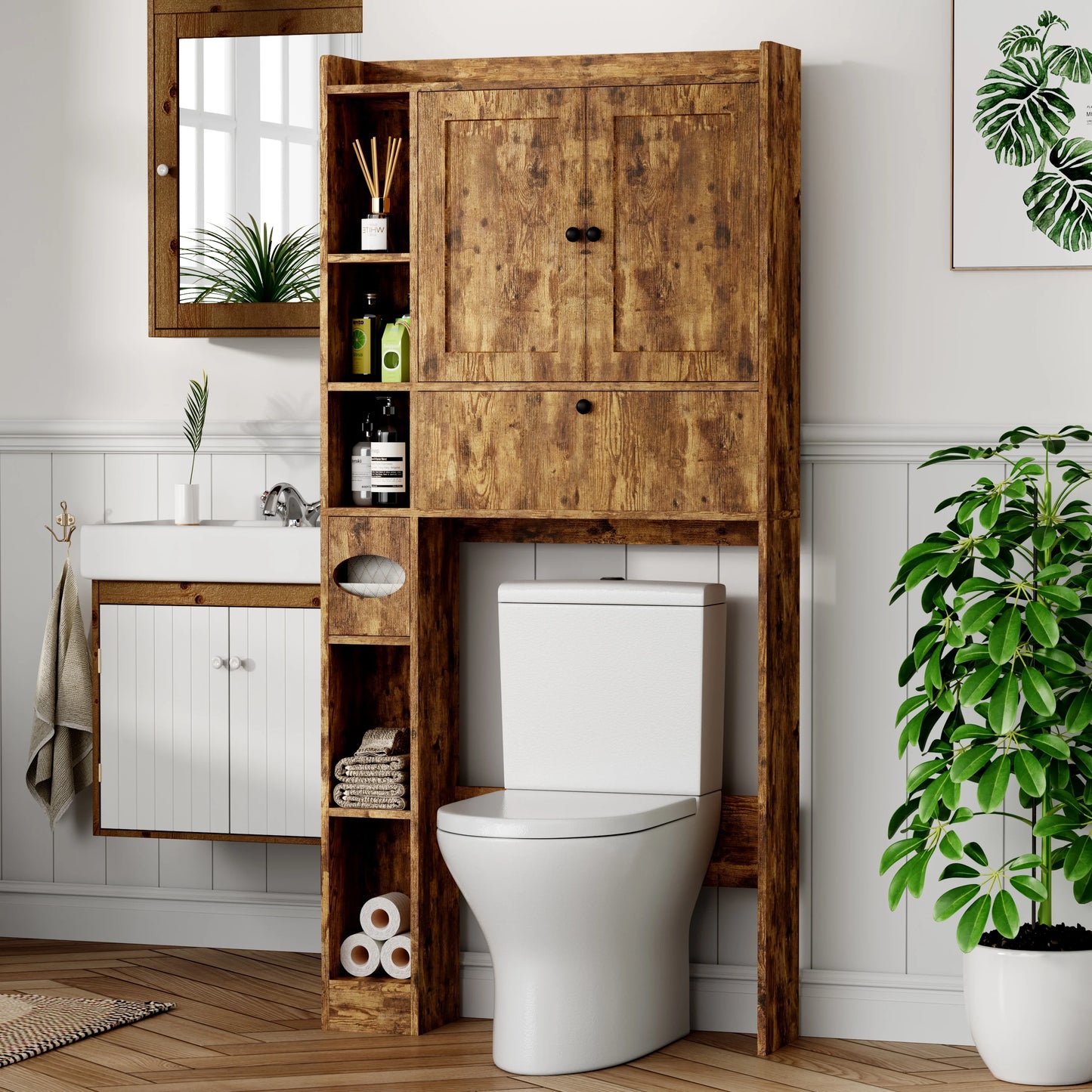 Apeaka Over The Toilet Storage Cabinet,Bathroom Storage Cabinet with Wooden Doors,Bathroom Organizer Over-The-Toilet Cabinet(White)