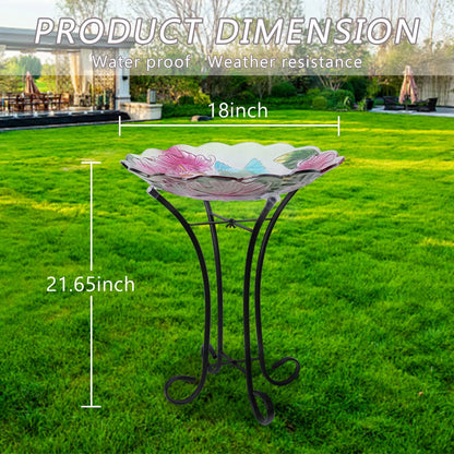 Glass Bird bath with Metal Stand for Garden, Bird Feeder 18 inch Bowl Pink Bird Bath Yard Lawn Decor