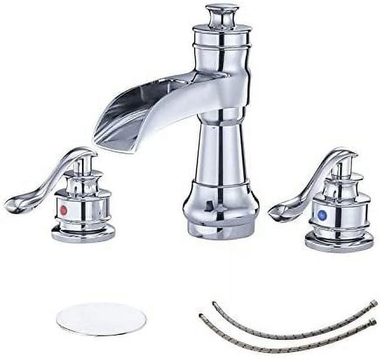 BWE 8 Inch Widespread Bathroom Faucet with Pop Up Drain with Overflow and Supply Line Waterfall 3 Holes Two-Handle Sink Faucets Lead-free Polished Chrome Lavatory Mixer Tap