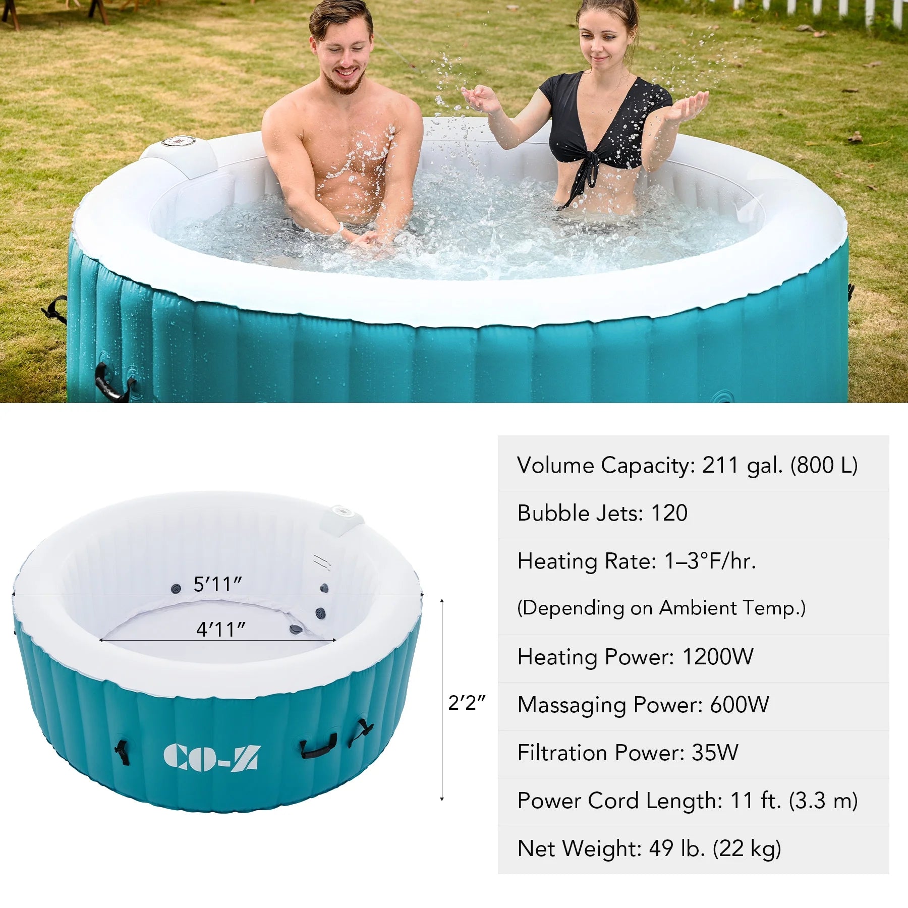 CO-Z 2-4 Persons Inflatable Hot Tub 6 ft Portable Pool and Bathtub w Air Jets Cover Teal