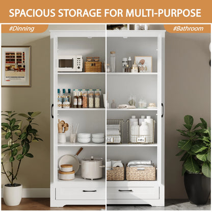 YouTrend 69" Tall Kitchen Pantry,Farmhouse Storage Cabinet with 2 Barn Doors 4 Adjustable Shelves and Large Drawer for Dining Room,Living Room,Bathroom,White
