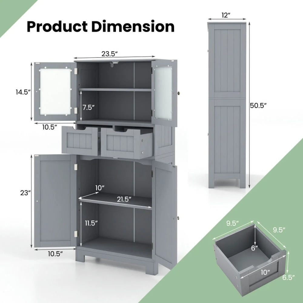 Resenkos 4 Door Freee-Standing Bathroom Cabinet with 2 Drawers and Glass Doors-Gray, Bathroom Cabinets for Entryway Storage, Home Office Furniture