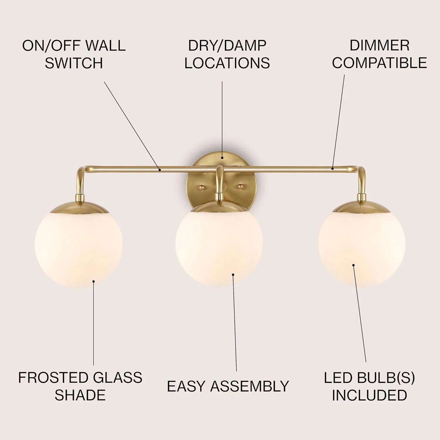 JONATHAN Y JYL3536A Parisian Globe 25" 3-Light Metal/Frosted Glass Modern Contemporary LED Vanity Midcentury Glam 2700K LED 4W Bulbs Entryway Lobby Kitchen Bathroom Bedroom Hallway, Brass Gold