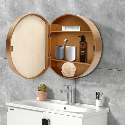 Mirror Cabinet Round Vanity Mirror Wood Frame Wall Cabinet with 3 Shelves for Bathroom