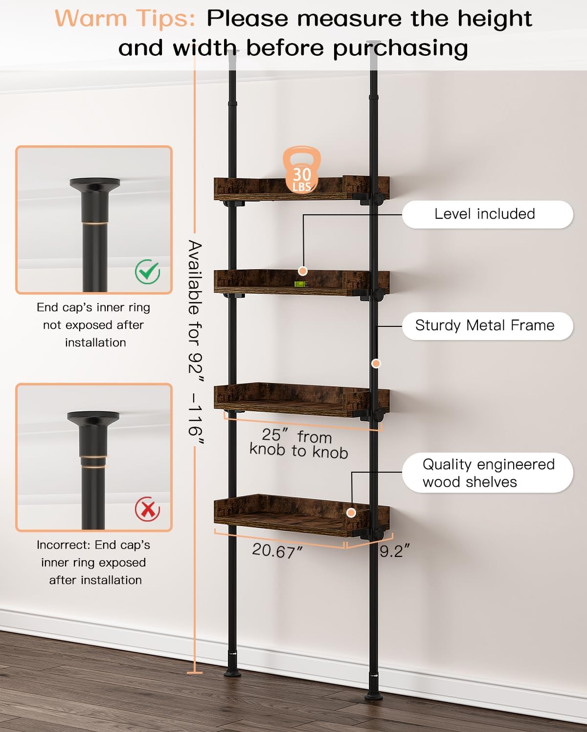 Adjustable Over The Toilet Storage Cabinet, Tension Mount Bathroom Organizers and Storage Over Toilet with 3 Tier Shelves, Over Toilet Bathroom Organizer Fit 92-116 Inch Tall, Rustic Brown