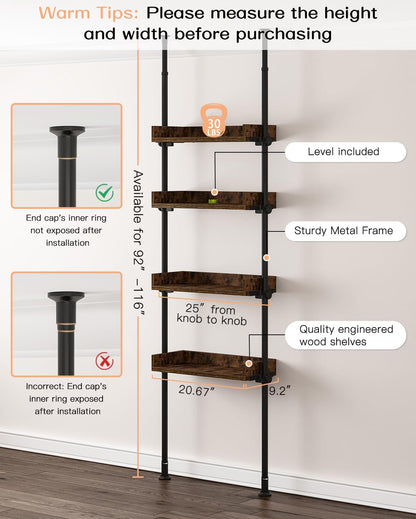 Adjustable Over The Toilet Storage Cabinet, Tension Mount Bathroom Organizers and Storage Over Toilet with 3 Tier Shelves, Over Toilet Bathroom Organizer Fit 92-116 Inch Tall, Rustic Brown
