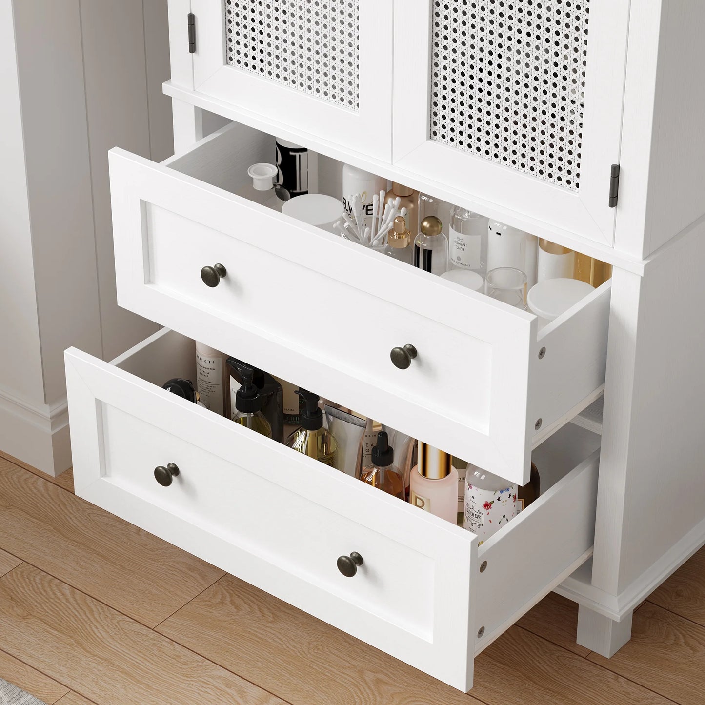 Homfa Bathroom Cabinet with Rattan Doors, Rattan Linen Storage Cabinet with 2 Drawers, Oak