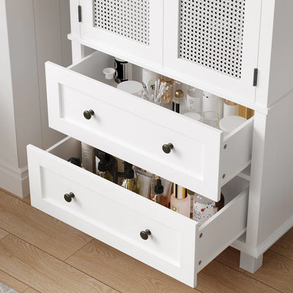 Homfa Bathroom Cabinet with Rattan Doors, Rattan Linen Storage Cabinet with 2 Drawers, Oak
