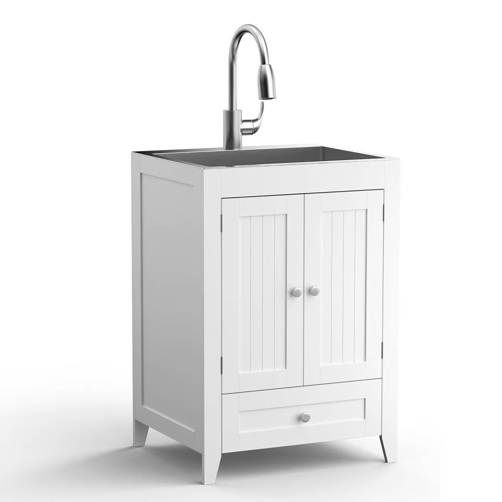 Ktaxon 24-Inch Laundry Sink with Cabinet and Pull-Out Sprayer Faucet, Stainless Steel Utility Sink with Cabinet, Grey Cabinet with Sink for Laundry & Utility Room, Kitchen, Bathroom, Basement