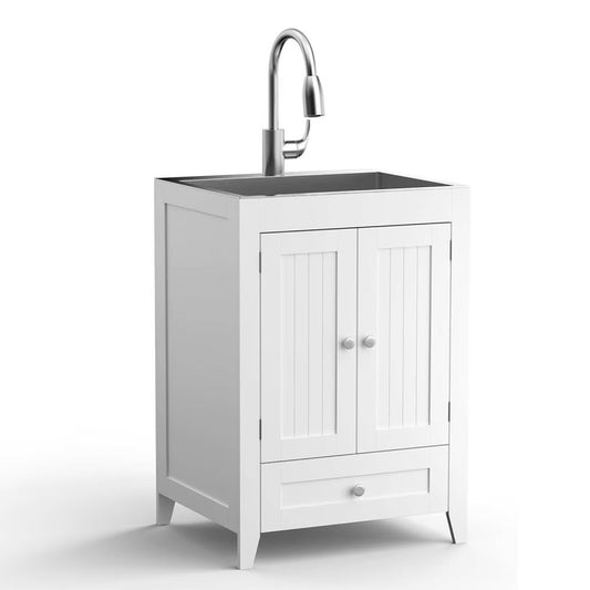Ktaxon 24-Inch Laundry Sink with Cabinet and Pull-Out Sprayer Faucet, Stainless Steel Utility Sink with Cabinet, Grey Cabinet with Sink for Laundry & Utility Room, Kitchen, Bathroom, Basement