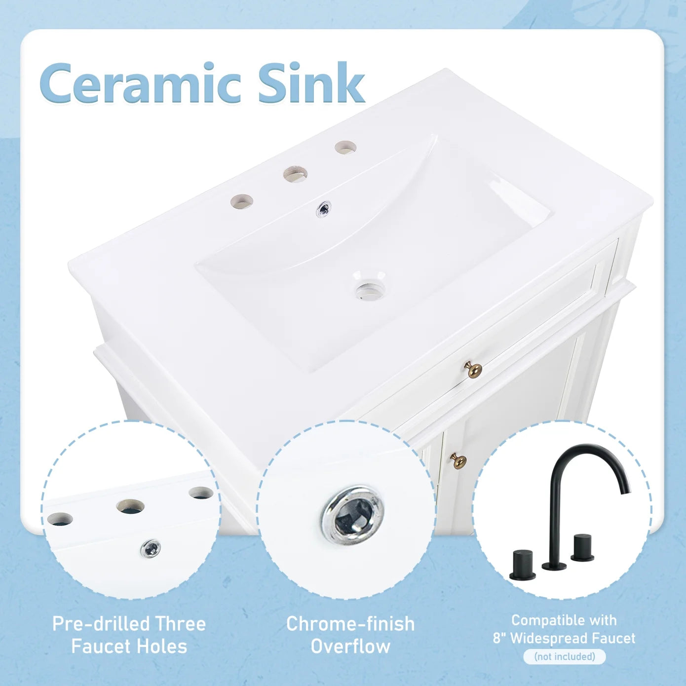30 Inch Bathroom Vanity with Sink Combo, Solid Wood Frame Bathroom Vanities with 3 Drawers and 1 Tip-out Drawer & Soft Closing Doors, Modern Bathroom Sink Cabinet with Undermount Sink (White)