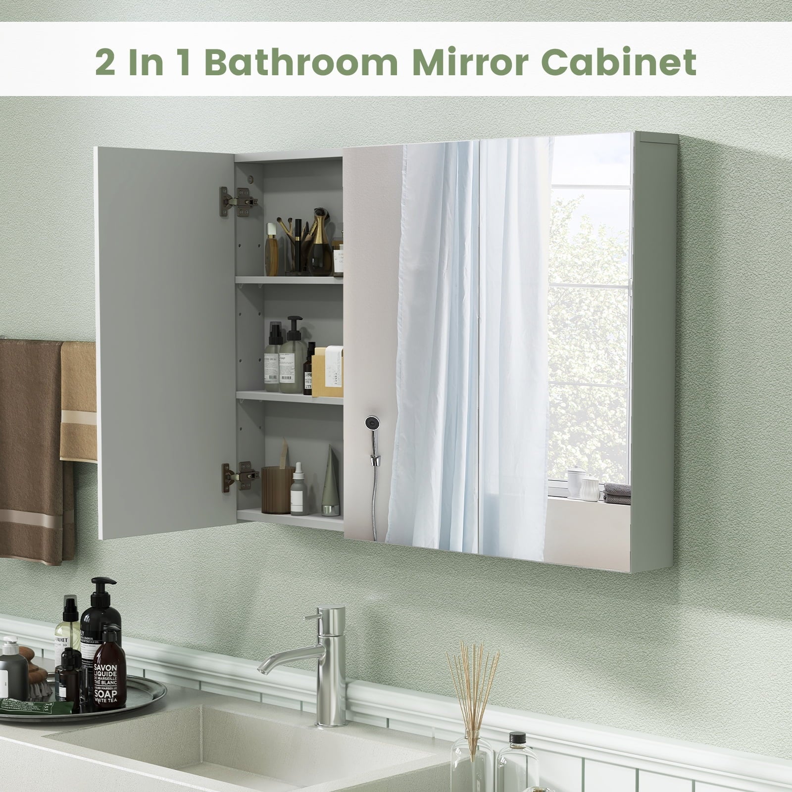 Giantex Large Mirrored Medicine Cabinet, Bathroom Wall Mounted Storage Cabinet with Triple Mirrored Doors and Adjustable Shelves, Ideal for Bathroom, Living Room, 36 x 4.5 x 25.5 inches (White)
