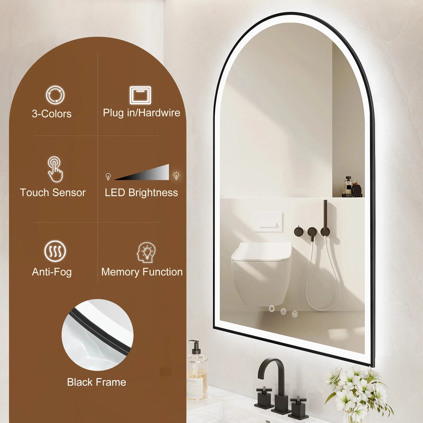 Funtouch Arched LED Bathroom Mirror 20"x30" with Front and Backlight, LED Bathroom Mirror with Lights��Anti-Fog��3 Colors, Memory,Shatterproof,UL Listed