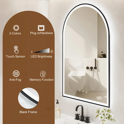 Funtouch Arched LED Bathroom Mirror 20"x30" with Front and Backlight, LED Bathroom Mirror with Lights��Anti-Fog��3 Colors, Memory,Shatterproof,UL Listed