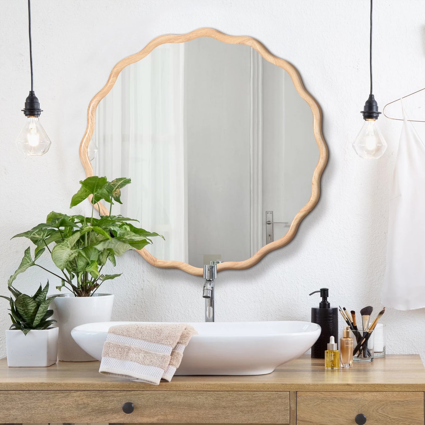 Dasun Solid Wood Wavy Square Mirror-Black 36" x 36" Modern Mirror Wall Decor for Bathroom, Bedroom, Living Room, Dining Room, Cloakroom, Entryway
