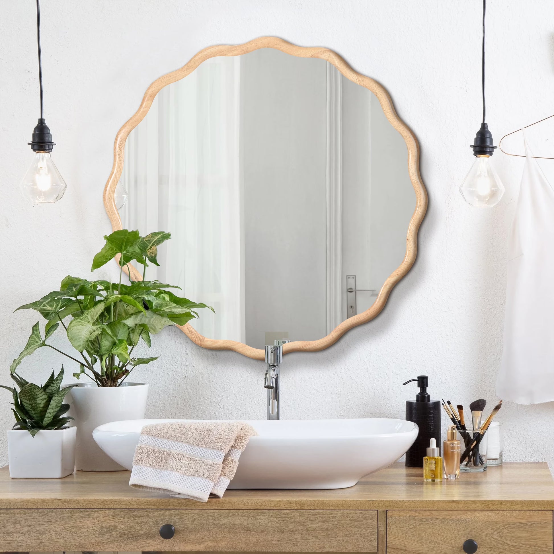 Dasun Solid Wood Wavy Square Mirror-Black 36" x 36" Modern Mirror Wall Decor for Bathroom, Bedroom, Living Room, Dining Room, Cloakroom, Entryway