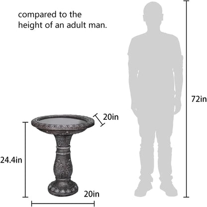24.4" H Cement Bird Bath for Garden- Fibre Reinforced Concrete Bird Baths for Outdoors, Large Size Vintage Carved Pedestal Birdbath for Patio, Yard, Lawn -20��Dia. X 24.4��H Bird Fountain