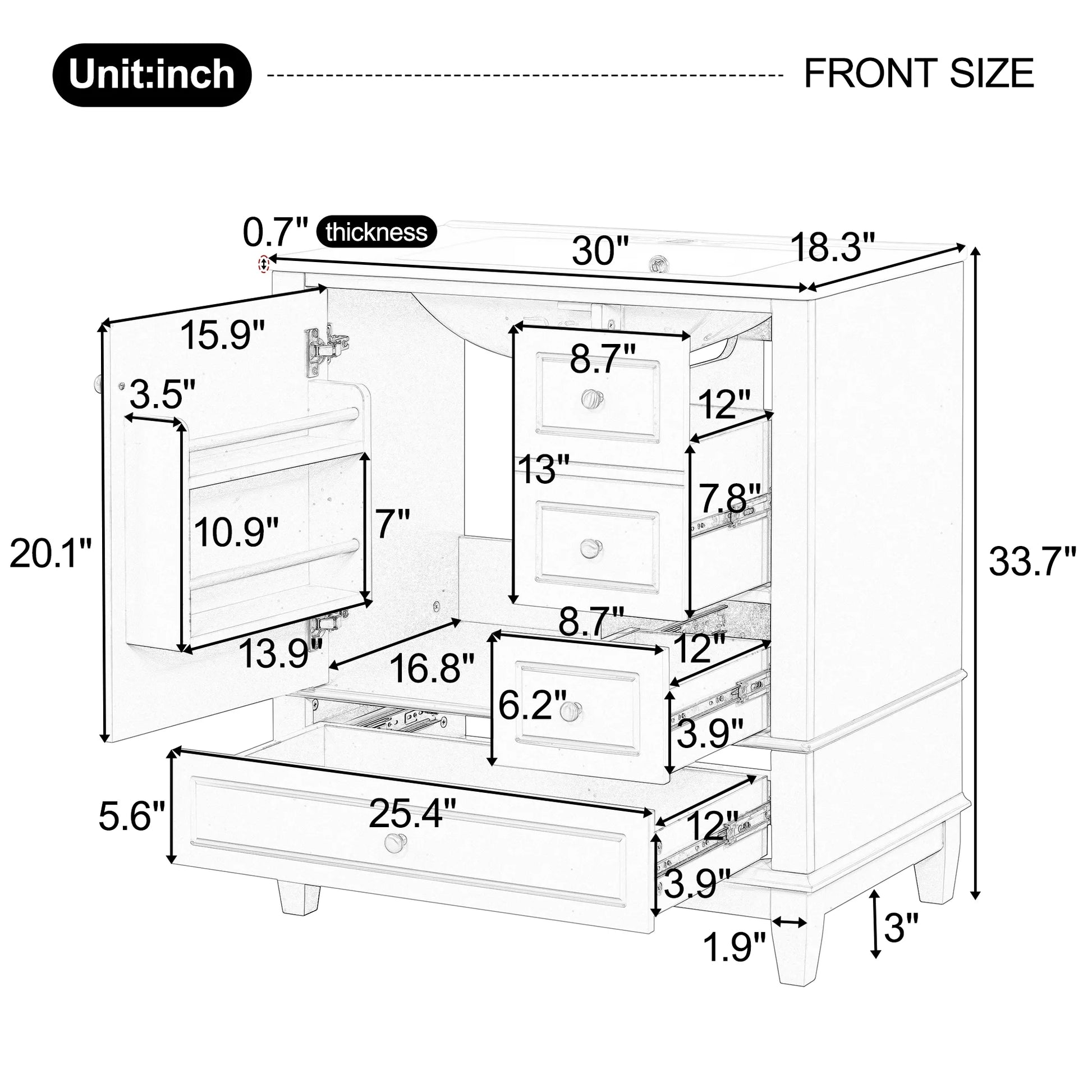 Euroco 30" Bathroom Vanity with Sink, One Door with Shelf and Three Drawers, Soft Close Door