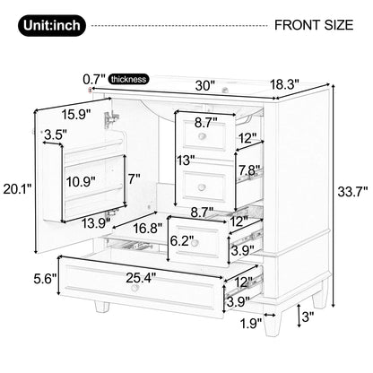 Euroco 30" Bathroom Vanity with Sink, One Door with Shelf and Three Drawers, Soft Close Door