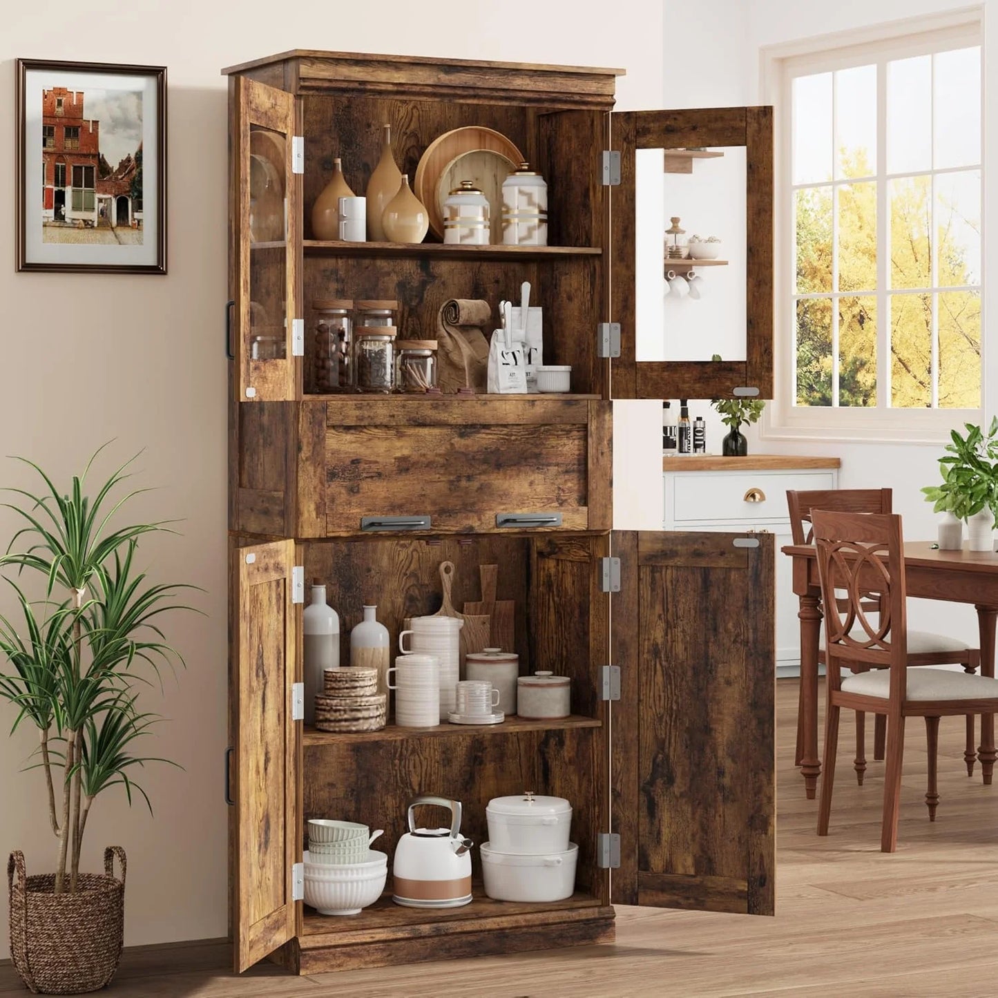 Roromall Bathroom Cabinet, Tall Storage Cabinet with Doors Adjustable Shelf, Freestanding Floor Pantry Cabinet for Kitchen, Living Room, Laundry Room, Home Office