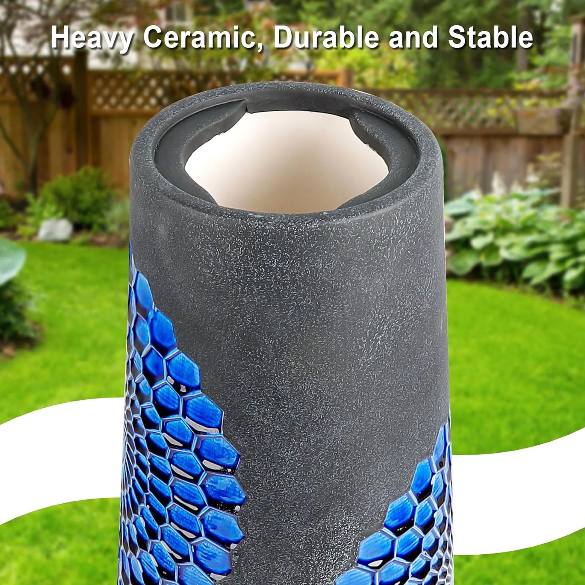 BUYMAX Tall Ceramic Bird Bath for Garden, UV-Resistant, Diamond Blue Grey