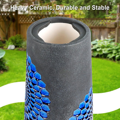 BUYMAX Tall Ceramic Bird Bath for Garden, UV-Resistant, Diamond Blue Grey