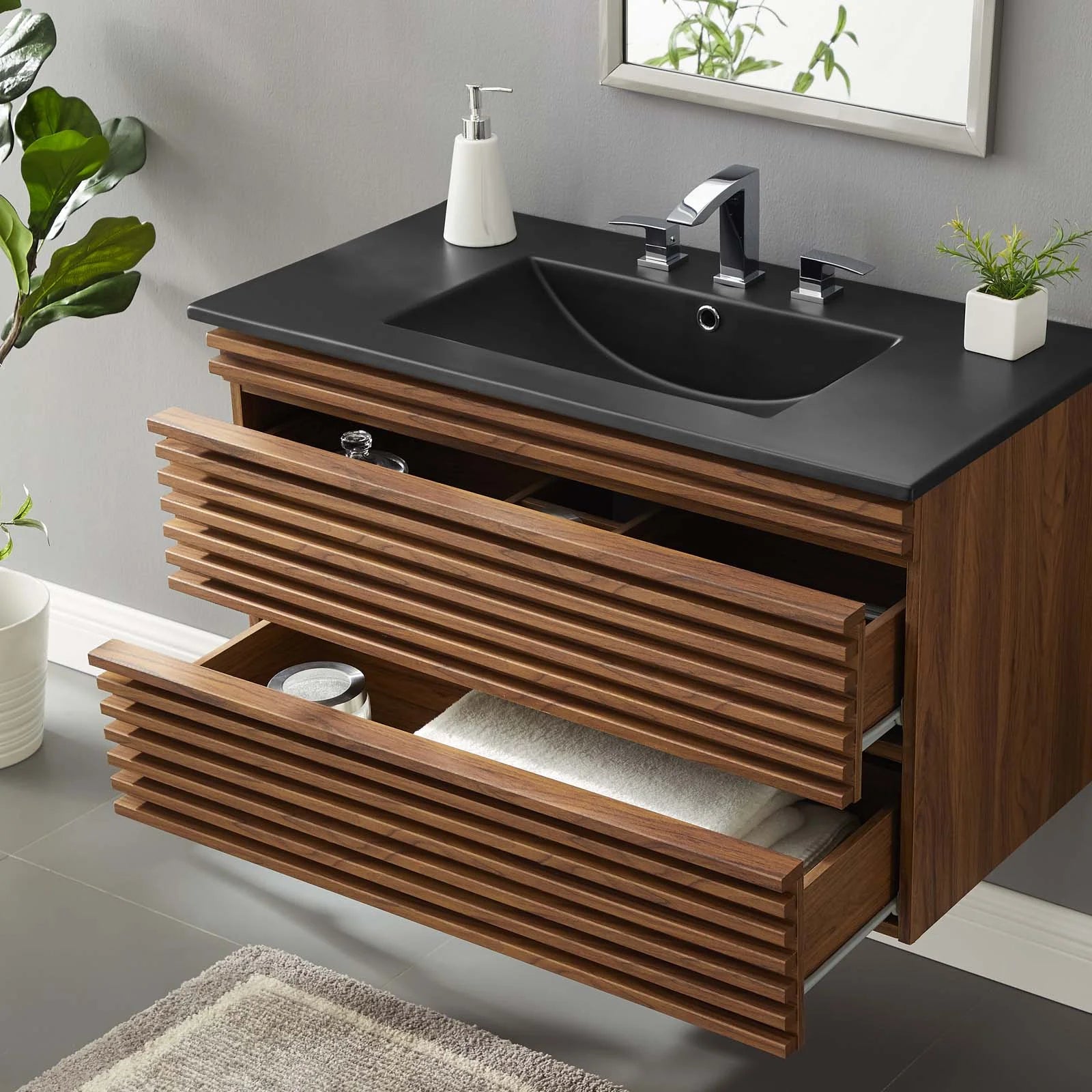 Modway Render 36" Wall-Mount Bathroom Vanity in Walnut Black