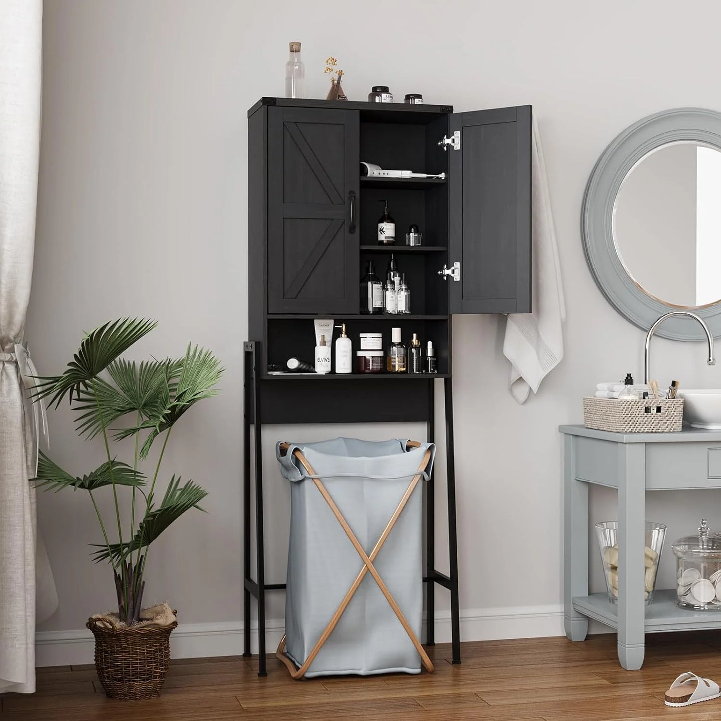 Vabches Over The Toilet Storage Cabinet, 68" H Farmhouse Freestanding Bathroom Storage Organizer with Double Doors & Storage Shelves