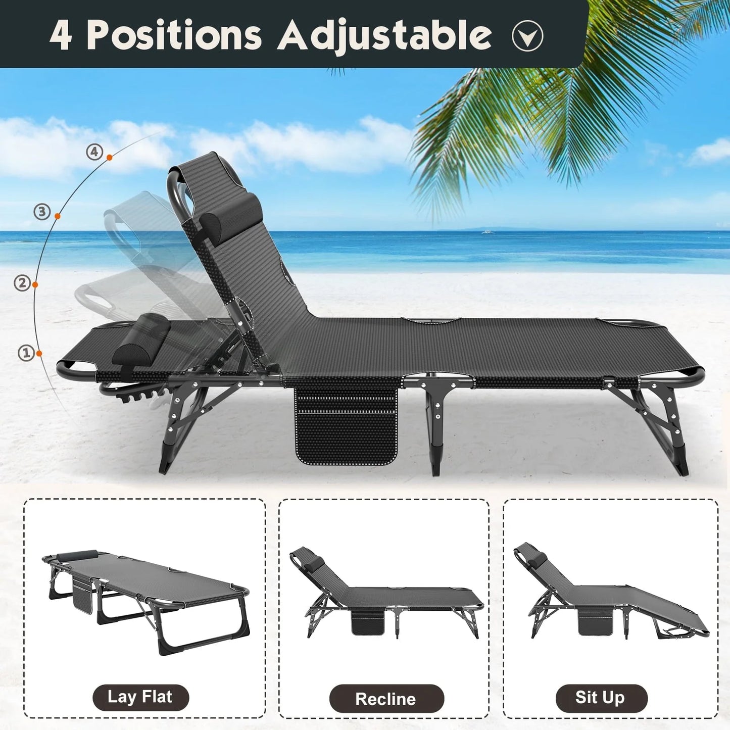 MOPHOTO Adult Camping Cot Adjustable 4-Position Folding Cot, Portable Heavy Duty Sleeping Bed, Outdoor Patio Folding Lounge Chair for Sunbathing