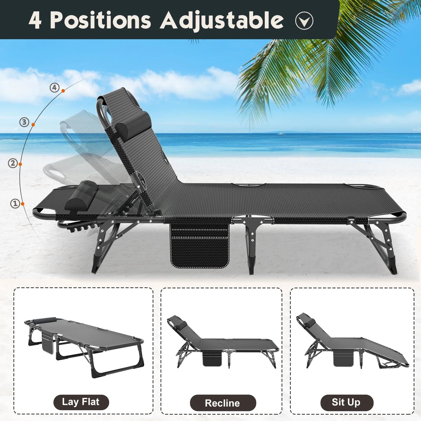 MOPHOTO Adult Camping Cot Adjustable 4-Position Folding Cot, Portable Heavy Duty Sleeping Bed, Outdoor Patio Folding Lounge Chair for Sunbathing